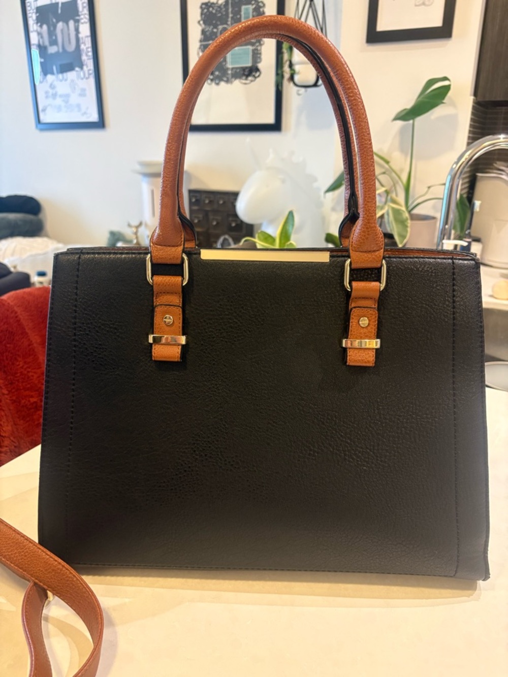 Call It Spring Black and Brown Structured Purse/Crossbody bag